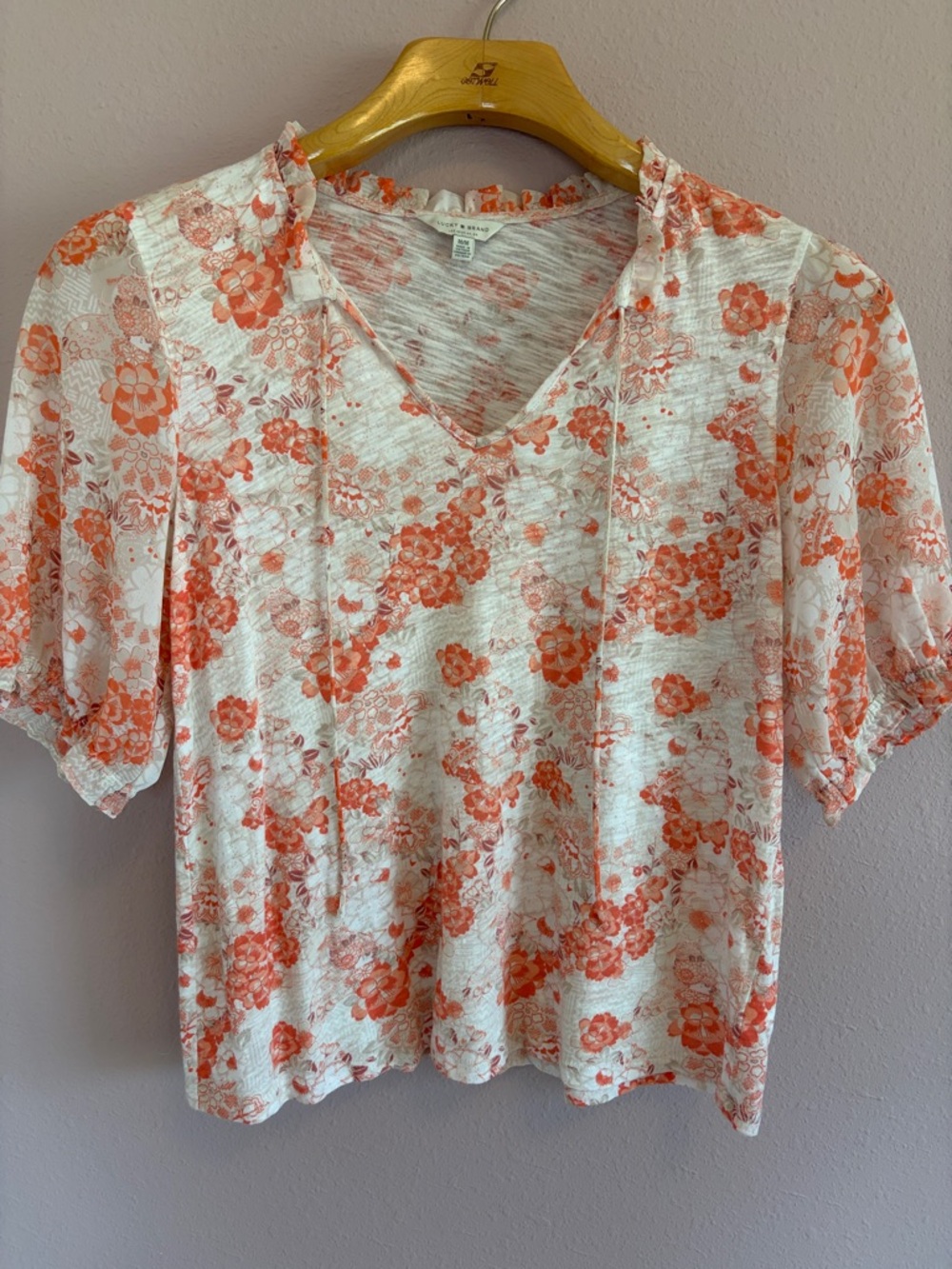 Lucky Brand White and Coral Floral V-Neck Tunic Size M